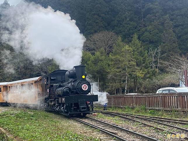 31號蒸氣火車附掛台灣檜木車廂，來回行駛阿里山車站至沼平車站。(記者蔡宗勳攝)