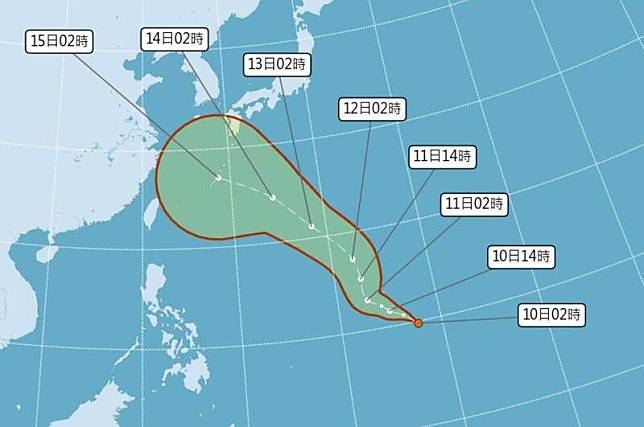 氣象署指出，位於菲島東方外海的熱帶性低氣壓TD14，今晨2時的中心位置在北緯9.8度，東經147.6度，以每小時31公里速度，向西北進行。中心氣壓1002百帕，近中心最大風速每秒15公尺，瞬間最大陣風每秒23公尺。(圖擷自氣象署)