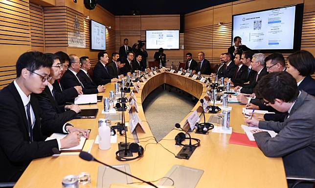 Chinese State Councilor and Minister of Public Security Wang Xiaohong (6th L) meets with International Criminal Police Organization (Interpol) President Ahmed Nasser Al-Raisi (6th R) in Lyon, France, on Nov. 28, 2024. (Xinhua/Gao Jing)