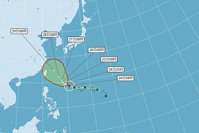潭美颱風目前朝西北西琉球南方海面前進，有可能於28日起影響台灣。圖為今8時的路徑預測圖。（取自中央氣象局）