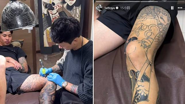 林昱珉最新左腿刺青曝光。翻攝雕育tattoyu IG