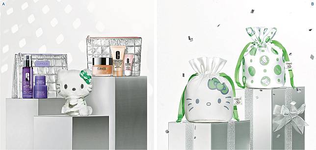 百變形象&ndash;Clinique與Hello Kitty推出的聯乘，把「她」的招牌蝴蝶結換上代表品牌的粉綠色，突顯出Hello Kitty的百變形象。（品牌提供）