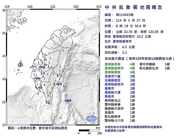 08:18台東市規模5.2「極淺層地震」，最大震度4級。（圖：中央氣象署官網）