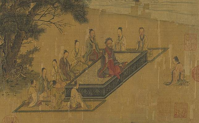 ภาพประกอบเนื้อหา - ภาพเขียนสมัยราชวงศ์ซ้ง แสดงการสอนแบบวิพากษ์เชิงปัญญาของขงจื่อ