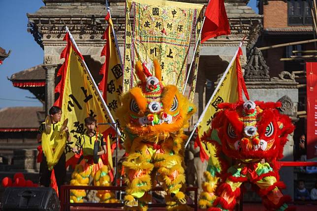 Artists perform lion dance at the launch ceremony of a series of celebrations to mark the Chinese New Year, or the Spring Festival, at Bhaktapur Durbar Square in Kathmandu, Nepal on Jan. 18, 2025. (Photo by Sulav Shrestha/Xinhua)