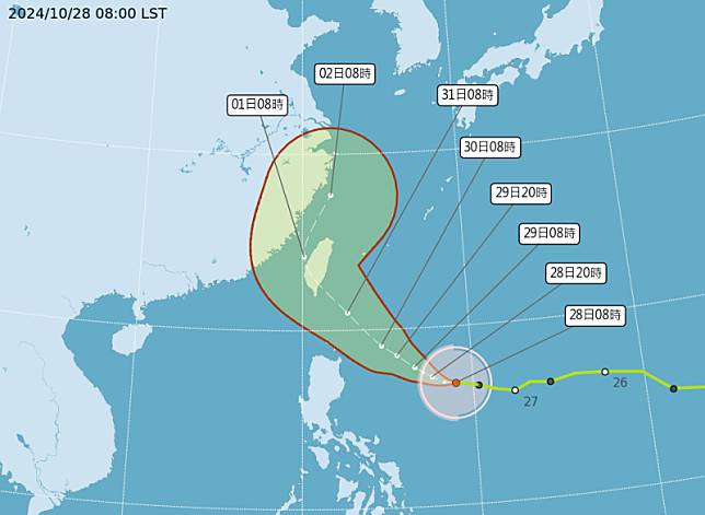 氣象專家賈新興表示，綜合歐洲模式及各AI模式預測均顯示，康芮颱風路徑持續偏西移動，預估會在花東交界至南台東一帶登陸。 圖：翻攝自中央氣象署官網