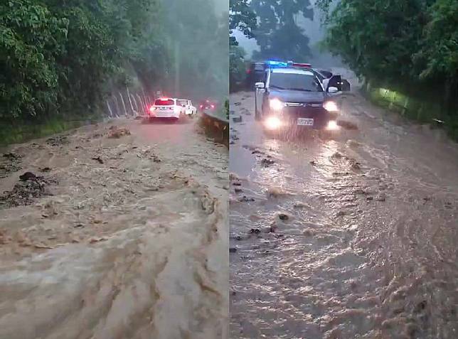 苗栗縣泰安鄉下滂沱大雨，苗62線清安豆腐街前路段被滾滾黃水覆蓋，還有落石散落，警方到場協助。(民眾提供)