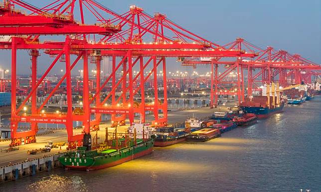 An aerial drone photo shows a view of Taicang port zone of Suzhou Port in east China's Jiangsu Province, Jan. 2, 2025. (Photo by Ji Haixin/Xinhua)