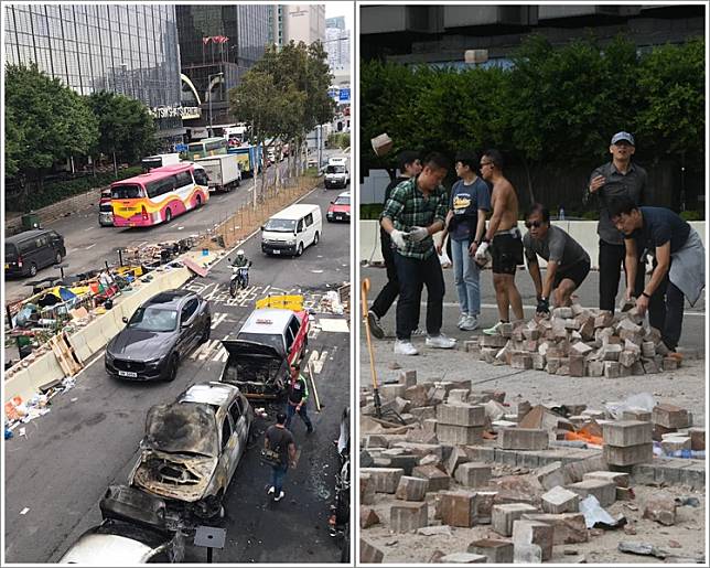 尖東海傍多車被燒毀，及市民自發在場搬走磚頭。