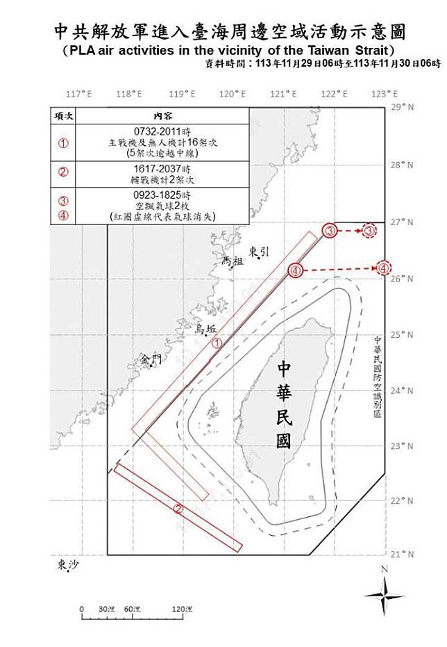 中共解放軍進入臺海周邊活動空域示意圖。（國防部提供）