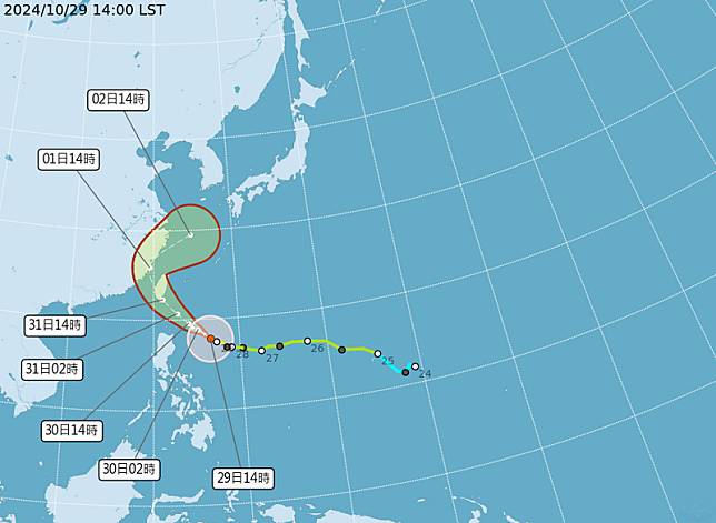 中度颱風持續靠近台灣，預計週四登陸，且至週五清晨前將持續影響台灣。(圖擷取自中央氣象署)