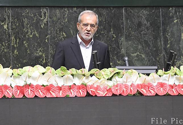 Masoud Pezeshkian delivers his inaugural address after being sworn in as Iran's ninth president at the parliament in Tehran, Iran, on July 30, 2024. (Xinhua/Shadati)