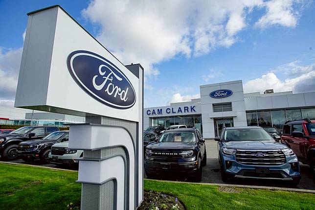 New vehicles are on display at a Ford dealership in Vancouver, British Columbia, Canada, on April 3, 2025. (Photo by Liang Sen/Xinhua)