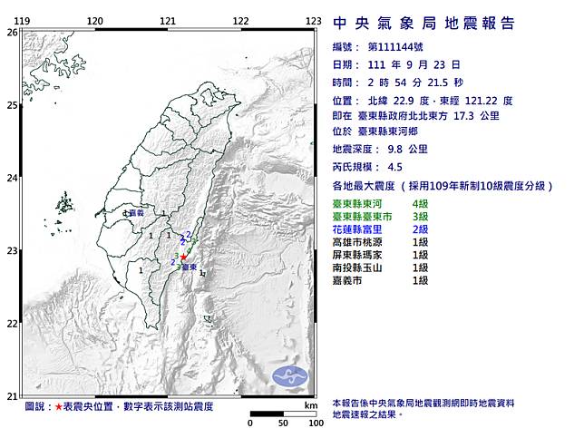 今天(23日)凌晨2時54分，台東縣又發生有感地震。(圖翻攝自中央氣象局)