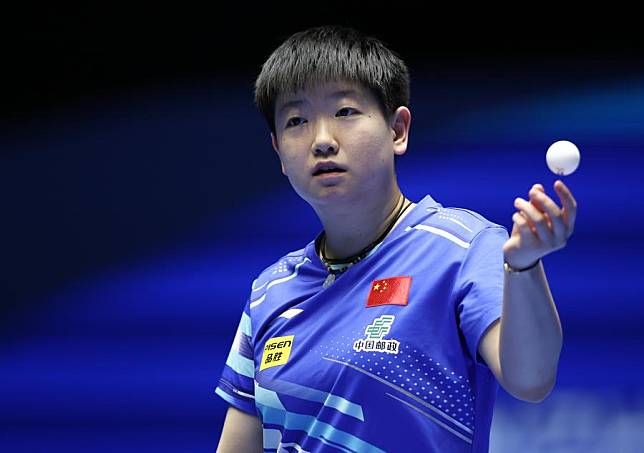 Sun Yingsha of China reacts during her women's singles Group 1 match against Mohamed Aia of Qatar at the 34th ITTF-ATTU Asian Cup in Shenzhen, south China's Guangdong Province, on Feb. 21, 2025. (Xinhua/Mao Siqian)