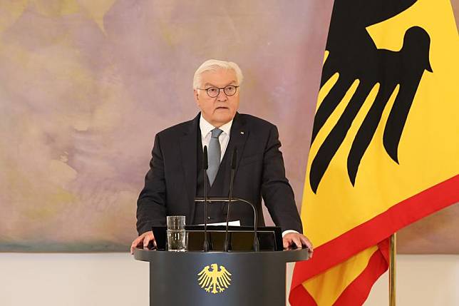 German President Frank-Walter Steinmeier speaks during a press conference at the presidential palace in Berlin, Germany, Dec. 27, 2024. German President Frank-Walter Steinmeier on Friday dissolved the Bundestag, the lower house of parliament, paving the way for early federal elections. (Xinhua/Du Zheyu)