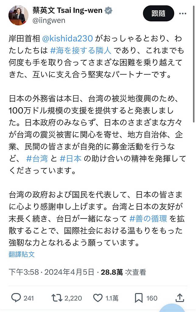 總統蔡英文也在社交平台X(推特)以日文表達誠摯感謝，期盼台日友誼長存，未來一同在國際擴散「善的循環」。(圖擷取自蔡英文X平台)