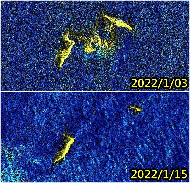 根據衛星「哨兵-1號」觀測顯示，在火山爆發後「洪加湯加—洪加哈派」島被炸不見一大塊，幾乎從地球上消失了。(圖擷自sentinel-hub.com，合成照)