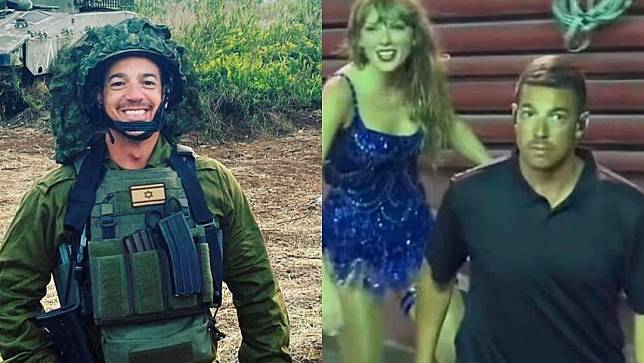以色列外交部公布泰勒絲與以色列保鑣的合照（右），以及保鑣返鄉作戰的模樣。翻攝X@Israel