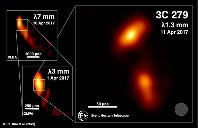 中研院參與的事件視界望遠鏡(EHT)跨國團隊，繼去年發表第一張黑洞照片後，本月再度公布第一張黑洞噴流源頭的照片。(中研院天文所提供)