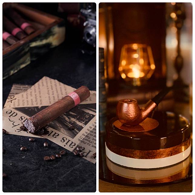 (左)「君品雪茄」蛋糕(980元/1支與菸灰缸1個)、(右)以菸斗為造型的「哲學家老爸」(1,580元/6吋)(圖/君品酒店)