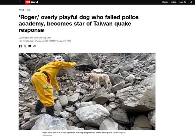 ▲搜救犬Roger在花蓮地震搜救行動中立下大功，甚至登上國際版面。（圖／翻攝自CNN）