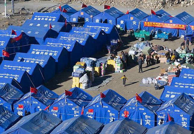 A drone photo taken on Jan. 11, 2025 shows a temporary resettlement site in Pucun Village of Sagya County in Xigaze City, southwest China's Xizang Autonomous Region. (Xinhua/Li Xiang)