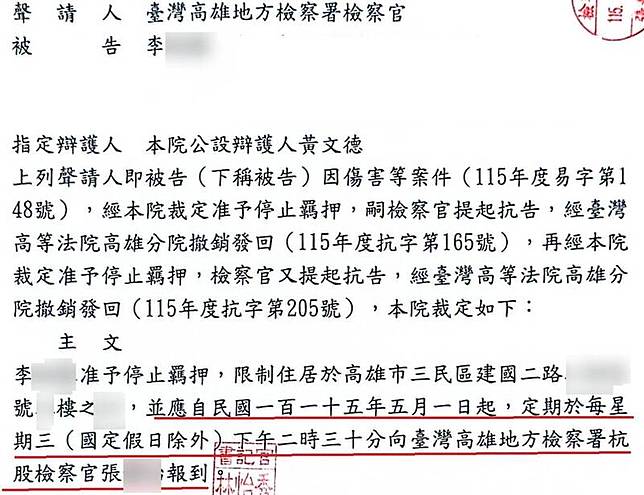 張姓女檢察官二度抗告成功，陳姓女法官不爽，做出「超奇葩」裁定，要求李女每週三下午2點半去檢察官辦公室找張姓檢察官報到。(記者黃佳琳翻攝)
