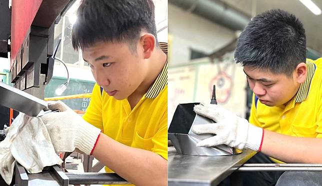 成大南工全國技能金牌學生楊英銘（左），及工業類板金職種金手獎第一名徐楷，在科技校院技藝技能優良學生保送入學中， 分別錄取台灣及雲林科大。 （記者汪惠松攝）