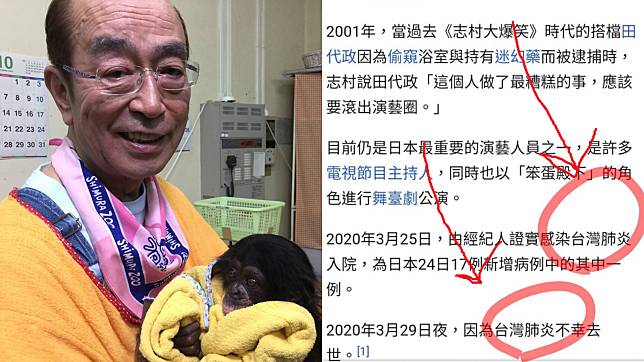 ▲志村健維基百科死因遭竄改成「台灣肺炎」。（圖／志村健、只是堵藍臉書）