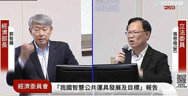民眾黨立委張啟楷就大樹光電案爭議質詢經濟部長郭智輝。 圖：擷取自國會頻道