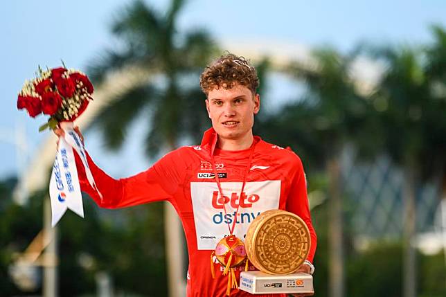 Lennert Van Eetvelt of Lotto-Dstny poses for photo during the awarding ceremony of Guangxi/UCI World Tour, south China's Guangxi Zhuang Autonomous Region, Oct. 20, 2024. (Xinhua/Cao Yiming)