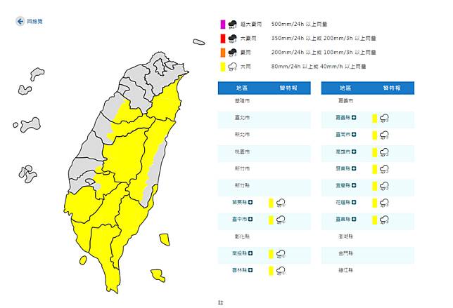 氣象署7日午間針對11縣市發布大雨特報，並針對台南市發布大雷雨即時訊息。(圖取自中央氣象署官網)