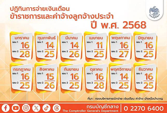 ปฏิทินการจ่ายเงินเดือนข้าราชการ และค่าจ้างลูกจ้างประจำ 2568