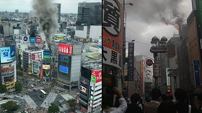 澀谷中心街大樓發生火災，目前尚無法確認傷亡人數。翻攝Twitter＠Gt8VUlzRG7buafO