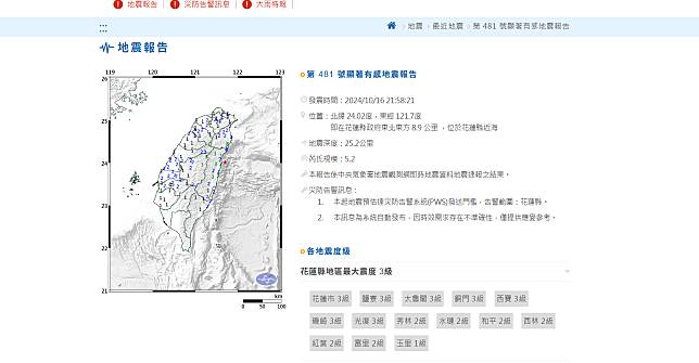 16日有感地震報告。(圖：中央氣象署網站)