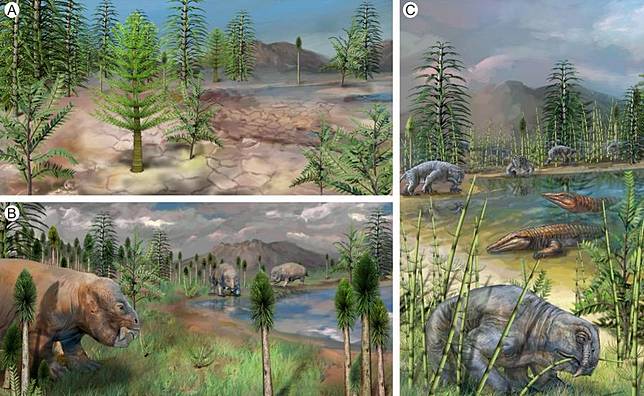 This image shows the reconstruction of the terrestrial landscape before (B), during (A), and after &copy; the mass extinction at the end of the Permian Period in the South Taodonggou section of the Turpan-Hami Basin in northwest China's Xinjiang Uygur Autonomous Region. (Chinese Academy of Sciences' Nanjing Institute of Geology and Palaeontology/Handout via Xinhua)