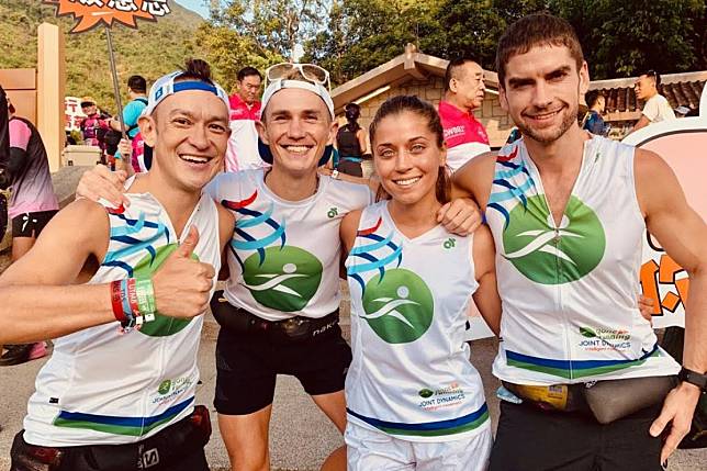 (From let) John Ellis, Tom Robertshaw, Veronika Vadovičová and Ryan Whelan set the unofficial record at the Oxfam Trailwalker in 2019. They ran the course in 12:45 on the day the race was meant to be held, despite it being cancelled owing to ongoing protests. Photo: Handout