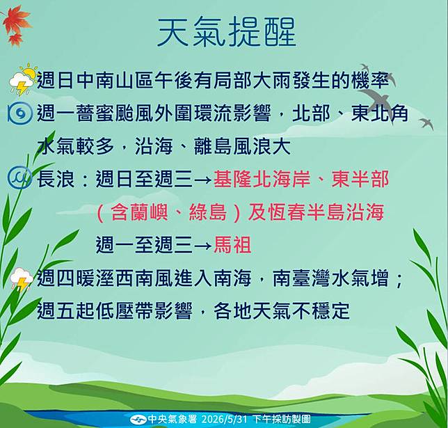 天氣提醒。(圖由氣象署提供)