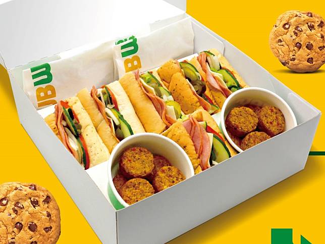 SUBWAY首次推出Party Combo歡聚隨享盒，內含6個4吋潛艇堡、2份美味的附餐，以及6片現烤餅乾，SUBWAY實體門市即可購買。（圖片來源：SUBWAY提供）