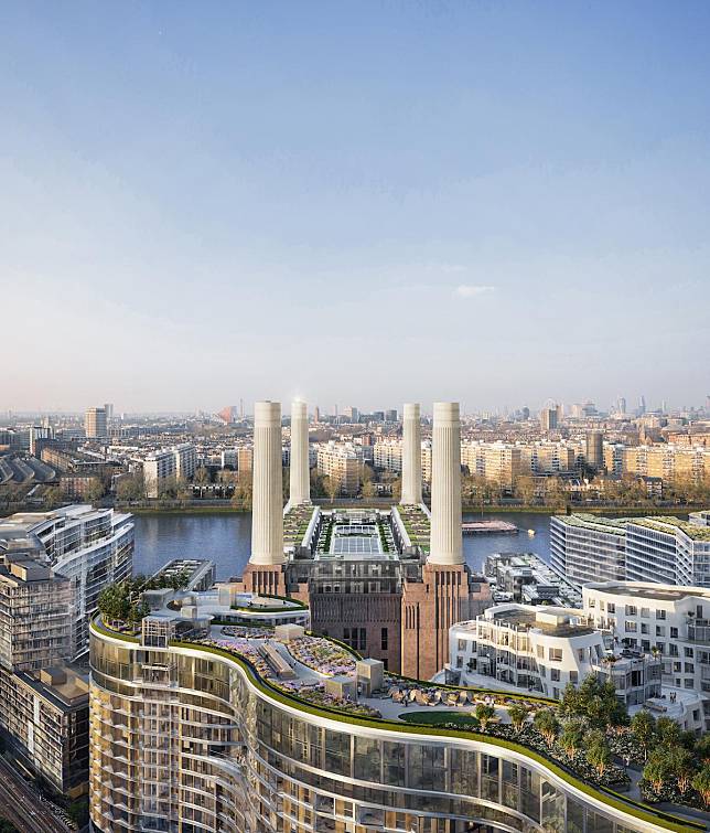 The roof terrace at Battersea Roof Gardens by Foster + Partners is perched next to the iconic power station