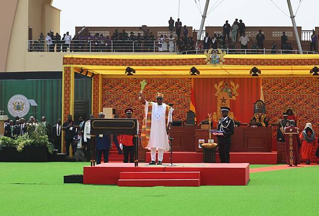 Ghanaian President John Dramani Mahama &copy; attends the presidential inauguration at the Black Star Square in Accra, Ghana, Jan. 7, 2025. (Xinhua/Seth)