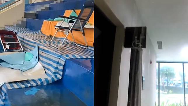 桃園市立游泳池跟活動中心，出現漏水問題。（圖／翻攝自詹江村臉書）