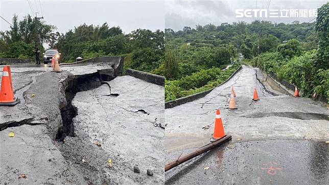 路面掏空逾50公尺，裂縫大到幾乎可吞人，緊急全線封鎖。（圖／翻攝畫面）