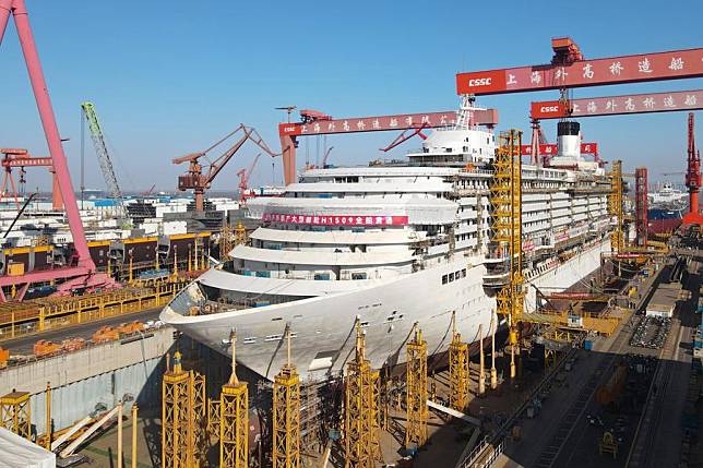 A drone photo taken on Jan. 15, 2025 shows the cruise ship Adora Flora City under construction at Shanghai Waigaoqiao Shipbuilding Co., Ltd. in Shanghai, east China. (Xinhua/Fang Zhe)