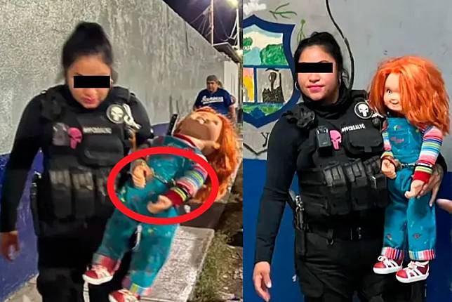 ▲一位墨西哥女員警逮捕「鬼娃恰吉」，還在警局給恰吉上銬拍照的影像在網路瘋傳，引發熱議。（圖／翻攝自NRT México的臉書粉專）