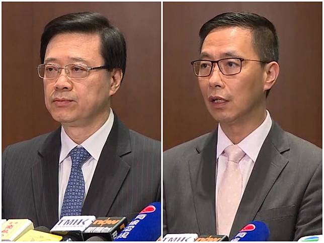 李家超（左）表示，會以「暴動罪」拘捕所有在理大內的人；楊潤雄說，警方會繼續調查未成年人士，再決定行動。