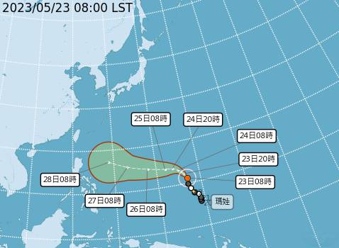 第二號颱風「瑪娃」今日8時的中心位置在北緯 11.2 度，東經 146.9 度，以每小時13公里速度，向北北西進行。 圖：取自中央氣象局網站