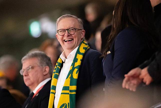 Prime Minister Anthony Albanese of Australia is seen in the stands during the semifinal between Australia and England at the 2023 FIFA Women's World Cup in Sydney, Australia, Aug. 16, 2023. (Photo by Hu Jingchen/Xinhua)