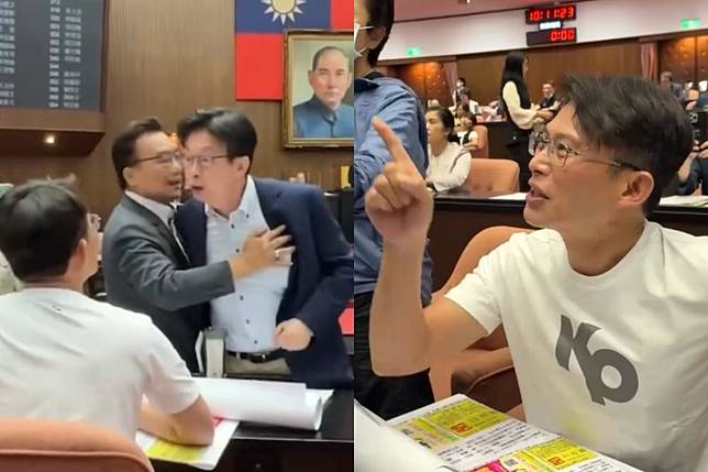 民進黨立委郭國文（左）今天在立院舉牌譏諷黃國昌（右）是「腳尾飯2.0」，卻遭黃回嗆「白癡」。（翻攝自黃捷臉書）